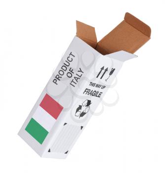 Concept of export, opened paper box - Product of Italy