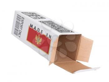 Concept of export, opened paper box - Product of Montenegro