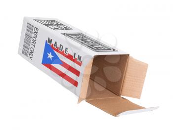 Concept of export, opened paper box - Product of Puerto Rico