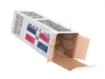 Concept of export, opened paper box - Product of Dominican Republic