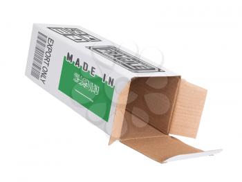 Concept of export, opened paper box - Product of Saudi Arabia