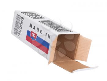 Concept of export, opened paper box - Product of Slovakia