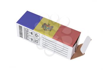 Concept of export, opened paper box - Product of Moldova