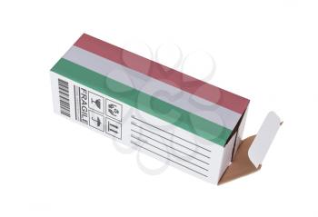 Concept of export, opened paper box - Product of Hungary