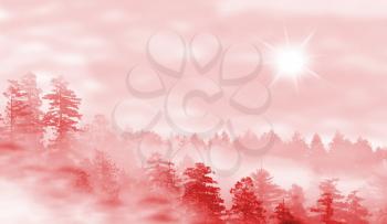 Landscape of misty forest at sunrise - concept of mystery - red