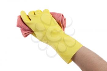 Hand wearing rubber glove and hold rag(mop), isolated on white