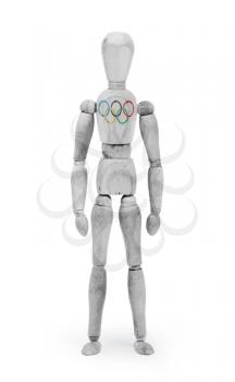 Wood figure mannequin with flag bodypaint on white background - Olympic Rings