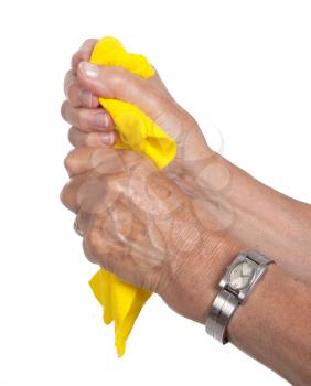 Old woman cleaning, isolated on a white background