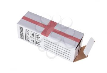 Concept of export, opened paper box - Product of England