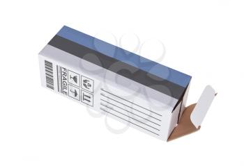 Concept of export, opened paper box - Product of Estonia