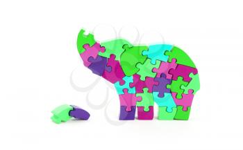 Colorful puzzle pieces in elephant shape - isolated over white