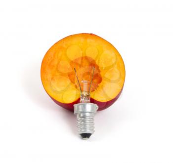 Nectarine lightbulb, concept of green energy - isolated on white
