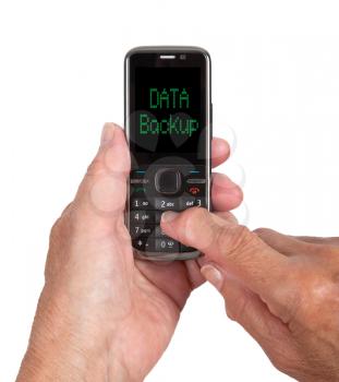 Hands of senior woman with a mobile phone, data backup