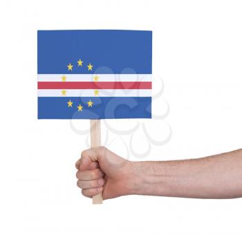 Hand holding small card, isolated on white - Flag of Cape Verde