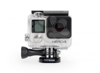 Amsterdam, the Netherlands - June 30, 2015: GoPro Hero 4 Black Edition isolated on white background, GoPro is a brand of high-definition personal cameras, often used in extreme action video photograph