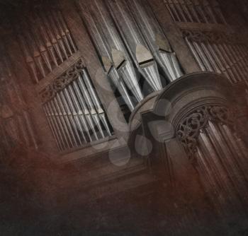 Creepy image of an old pipe organ in a church - Vintage, selective focus