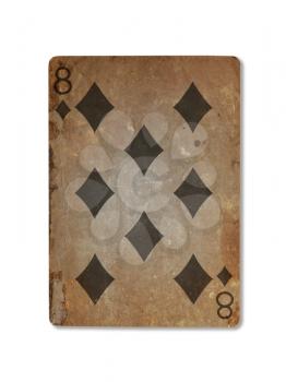 Very old playing card isolated on a white background, eight of diamonds