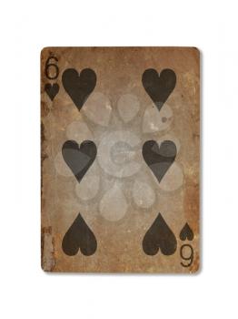 Very old playing card isolated on a white background, six of hearts