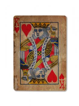 Very old playing card isolated on a white background, King of hearts