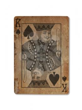 Very old playing card isolated on a white background, King of spades