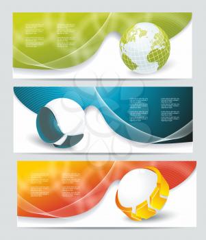 Collection banner design with glass balls and globe, colorful sunlight background, vector illustration 