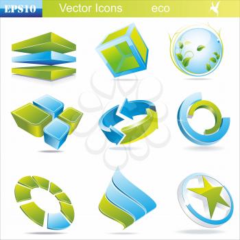 Eco related symbols and icons in green and blue colors