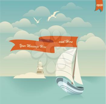 Vintage seaside view poster. Vector background. 