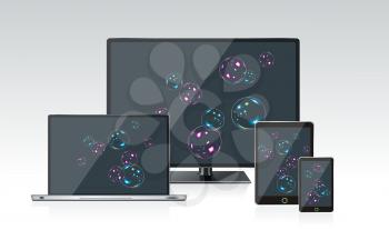 Computer monitor, laptop and tablet pc with a bubbles background