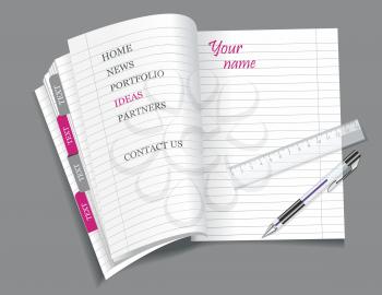 Horizontal web site template - Open notepad with colorful bookmarks 