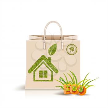 Vector illustration of  shopping paper bag with green symbol. Eco product, Eco packing.