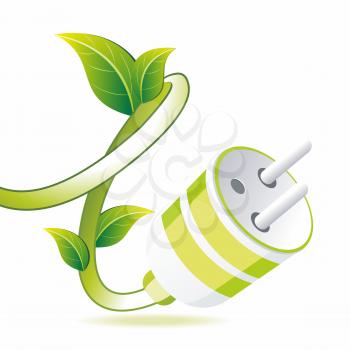 Green plug with leaf on white. Eco symbol.