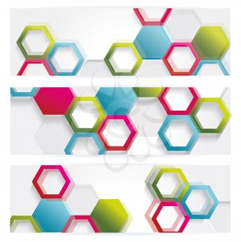Vector banners with abstract multicolored polygonal hexagon background. Modern geometric pattern. 