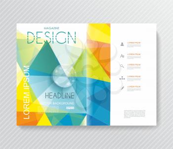 Magazine cover with pattern of geometric shapes, texture with flow of spectrum effect. 