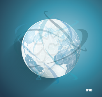 Abstract globe symbol with smooth vector shadows and  map of the continents of the world, isolated vector icon, internet and social network concept
