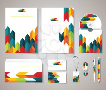 Corporate identity templates with abstract design: blank, business cards, disk, envelope, pen, pencil, badge. Isolated items with soft shadows.