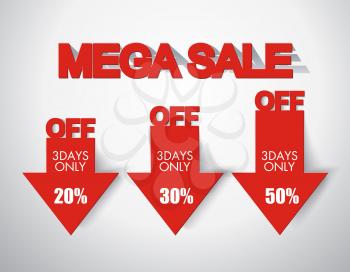 Mega sale design with red discount arrows, vector.