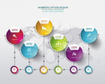 Timeline infographic template with world map and 6 step options design for  marketing, presentation, workflow layout, diagram, annual report, web design.