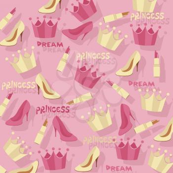 Princess cartoon background with crown, shoes, lipstick. Vector template.