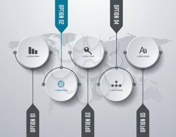 Timeline infographic template with world map and 5 step options design for  marketing, presentation, workflow layout, diagram, annual report, web design.