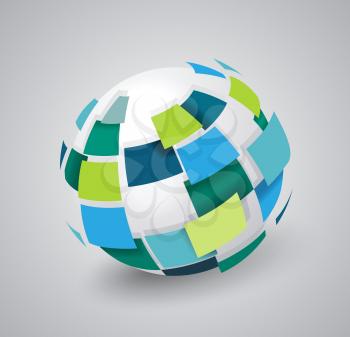 Sphere business graphic icon, colorful 3d paper ball broken into pieces, globe.