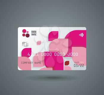Credit card  with Abstract geometric shape from pink bricks, regtangles. Detailed abstract glossy credit card concept  for business, payment history, shopping malls, web, print.