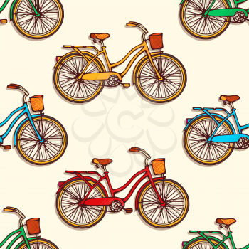 Seamless pattern with colorful hand drawn vintage bicycles