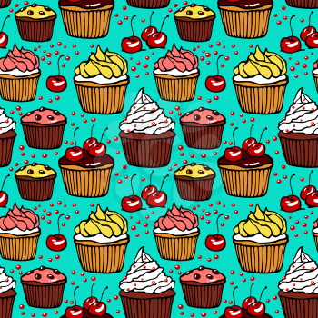 Seamless pattern with muffins and cherries