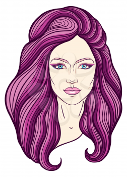 Beautiful girl face with long hair, make up and neutral expression. Hand drawn woman portrait stylized in lines. Decorative vector illustration