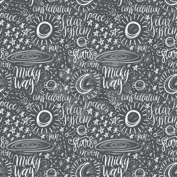 Space astronomy cute cartoon hand drawn seamless pattern. Decorative hand lettering. Vector illustration