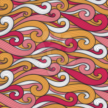 Abstract colorful curly lines seamless patterns set. Waves and curls vector illustration. Bright colorful seamlessly tiling background collection.