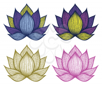Hand drawn decorative lotus flowers collection. Isolated on white background. Decorative doodle vector illustration