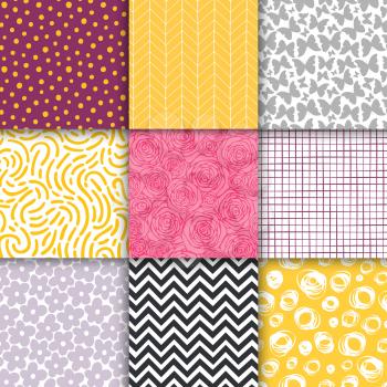 Abstract hand drawn geometric simple minimalistic seamless patterns set. Polka dot, stripes, waves, random symbols textures. Vector illustration