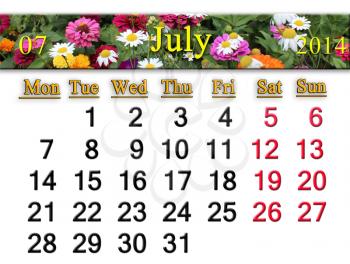 calendar for the July of 2014 on the background of summer flowers