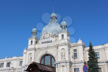 Beautiful architecture of the building of train station in Lvov